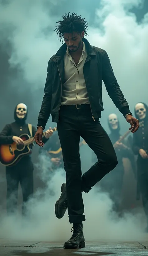 A low-angle shot of the man performing a Michael Jackson toe-stand with smoke swirling and zombie musicians raising their instru...
