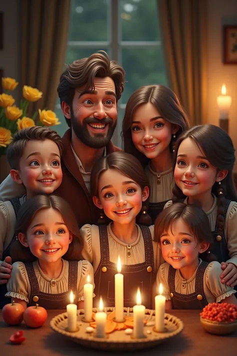 Realistic image of a beautiful family of 7 boys and 3 girls and a father and mother in Germany. candles lights and flowers in th...
