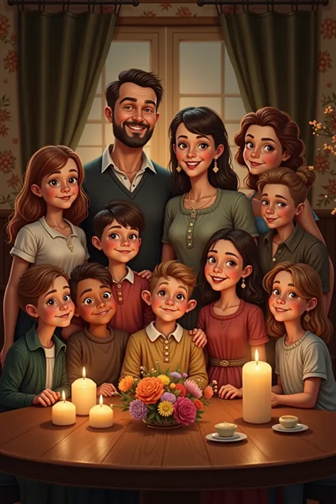 Realistic image of a beautiful family of 7 boys and 3 girls and a father and mother in Germany. candles lights and flowers in th...