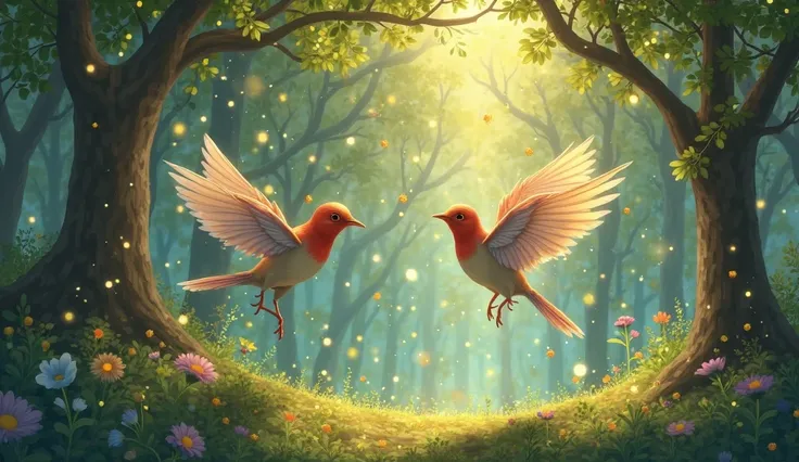 . Magical Avian Ballet (Whimsical & Fantasy)
"Enchanted birds with shimmering, iridescent feathers spiral upward through a sunli...