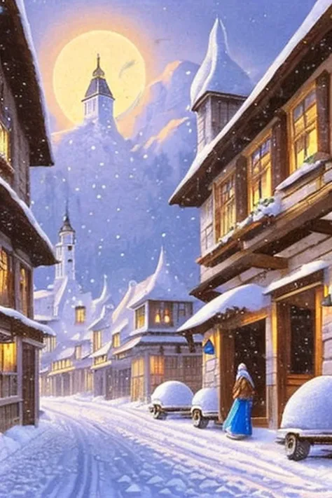 A cold, snowy medival port city, at winter, with small frame houses, with tall merchant houses, from which towers rise up. Cover...