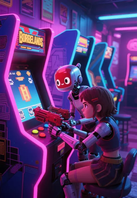 Silver-red robotic Labubu and Ellie from Borderlands are playing a gun-based platformer at a neon-lit arcade cabinet. The scene ...