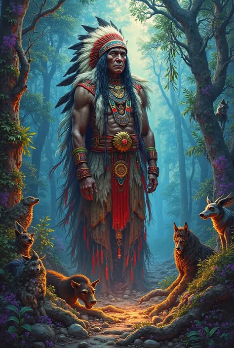 a painting of the spirit of the forest, an imposing Indian, with low lighting, at night, the vegetation in psychedelic colors, s...