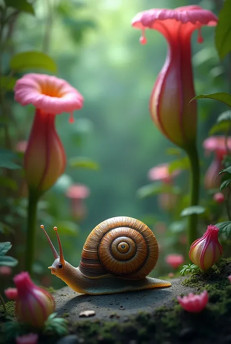 a picture of a snail with pitcher plants background