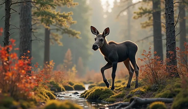 A realistic baby moose (calf) standing or walking in a dense Canadian forest. The moose calf has long legs, a small hump on its ...