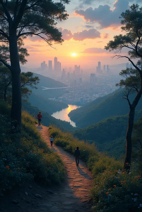 Trail on top of a hill overlooking a distant city with lights on.