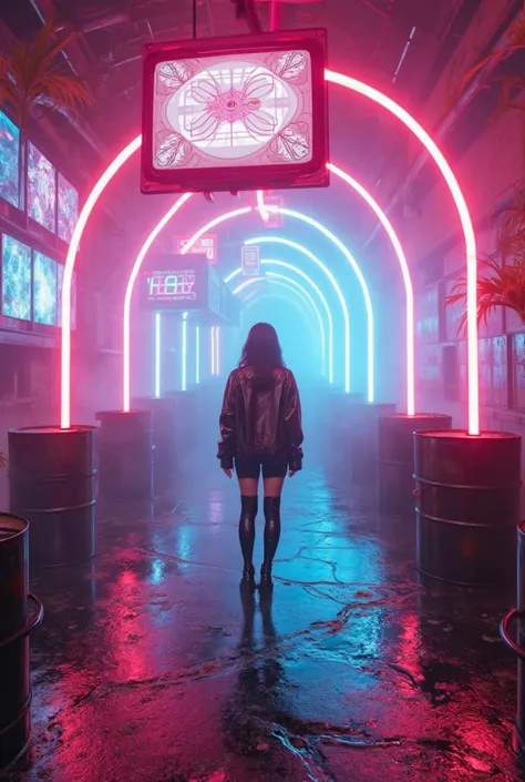A highly-detailed 3D render of a cyberpunk neon street-bazaar music-video set. Rain-slick black floor reflects magenta and elect...
