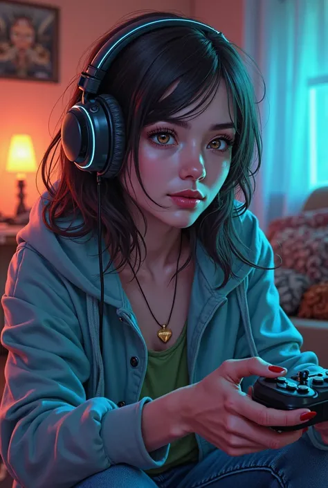 A lady playing video games with gamer headphones sitting in her living room