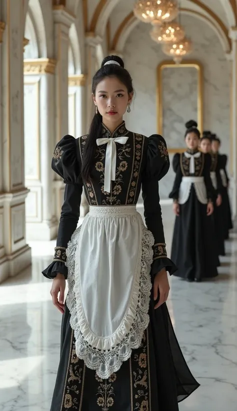 > “A breathtakingly beautiful mature head maid with striking Kazakh features, positioned slightly off-center to the left side of...