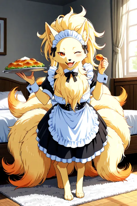 The fluffy fur feral four legs non humanlike,no human ninetales with many tails wearing a maid costume and holding a food ope...