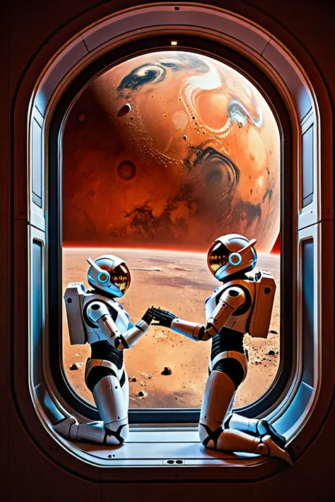 Humanoid robots reaching Mars, seeing the planet Mars through one of the windows of the spaceship.