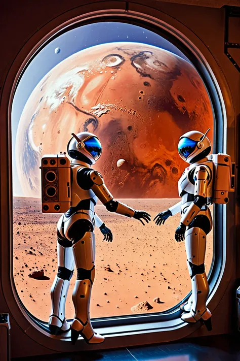 Humanoid robots reaching Mars, seeing the planet Mars through one of the windows of the spaceship.