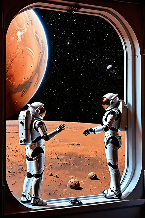 Humanoid robots reaching Mars, seeing the planet Mars through one of the windows of the spaceship.