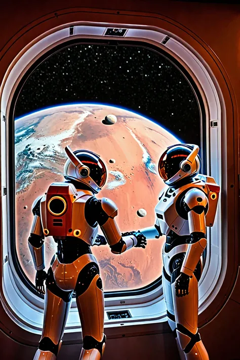 Humanoid robots reaching Mars, seeing the planet Mars through one of the windows of the spaceship.
