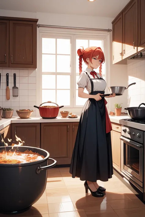 kitchen　The girl is cooking　Maid Outfit　long skirt　　back is open　there is a slit on the left side of the skirt　the left thigh is...