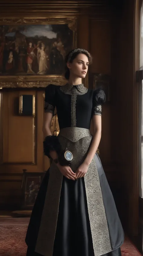 A cinematic portrait of a young maid standing with quiet authority in an opulent library hall, wearing a crisp lace apron over a...