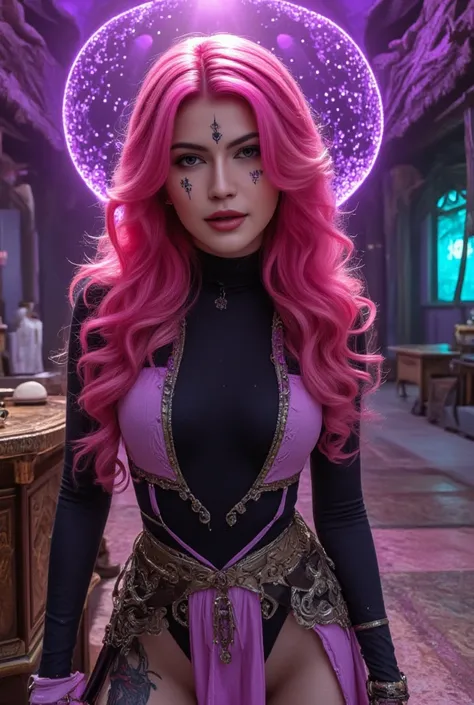 citlali \(genshin impact\), pink hair, fingerless gloves, armlet, sarong, facial mark, bracelet, ring hair ornament, turtleneck ...
