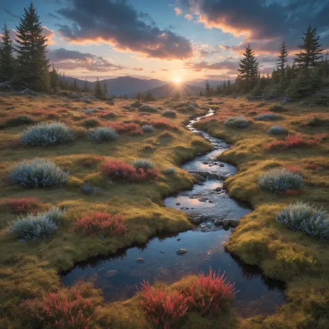A magical meadow full of spruce with wildflowers and a stream growing on it, ( high sharpness), ( high definition), (High qualit...