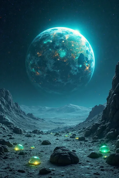 Majestic view of a futuristic Earth glowing with ethereal blue and green lights, seen from the mystical surface of the Moon, wit...