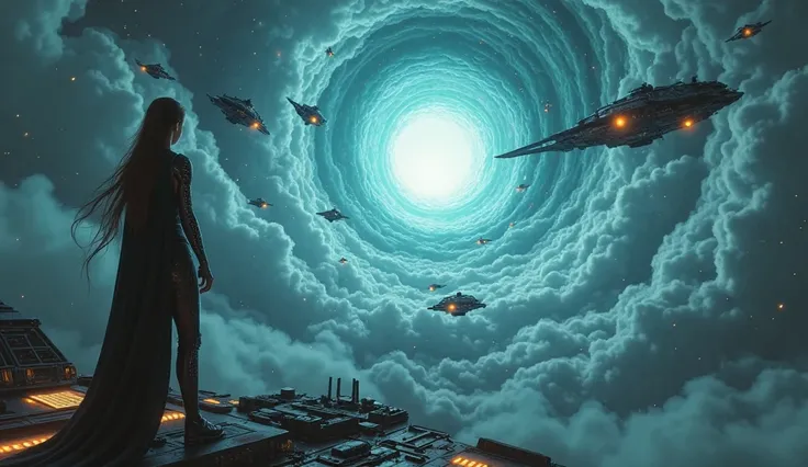 A massive Terran battle fleet of black and metallic warships floats above swirling storm clouds, approaching a giant glowing blu...