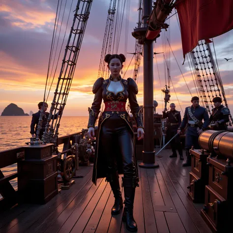 Chunli stands on the deck of a giant warship of the bloodsail pirates,Dressed in an Improved Flagship Combat Uniform,shows long ...