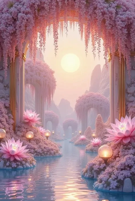 This image captures a fantastical crystalline paradise, a celestial sanctuary where every element seems to be crafted from light...