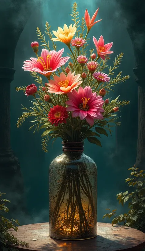 please make me a picture with a large bottle of flowers in the middle of the picture and the fragrance spreads, the backround is...