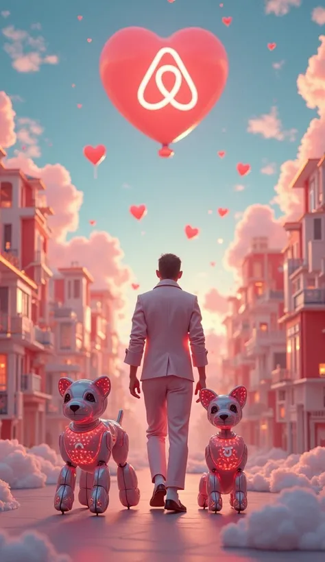 A floating sky city of glowing homes, bridges, and clouds with the Airbnb “A” symbol suspended in the air. Chesky walks in a lig...