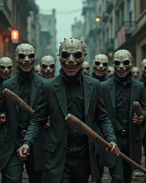People with grinning masks hold baseball bats