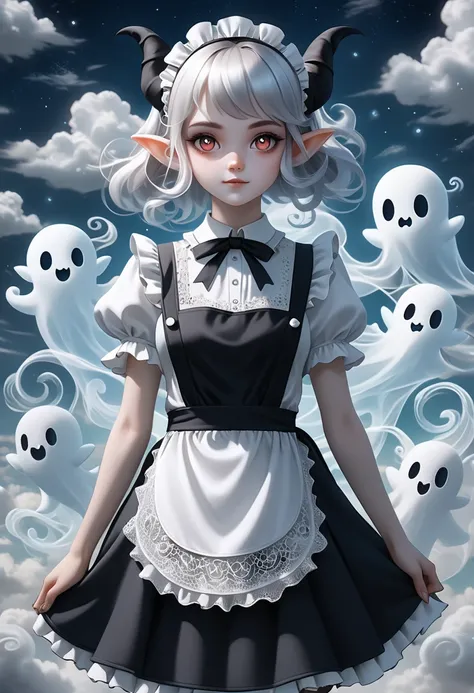cute lady maid (ghost:1.3), semitransparent, wearing a lace apron, small (imp-shaped clouds:1.2) swirl around her, lazypos, fant...