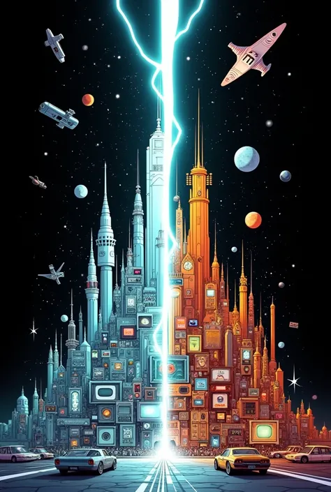 An image split vertically by a bright energy beam, in the visual style of Gorillaz music videos (Animated aesthetic , caricature...
