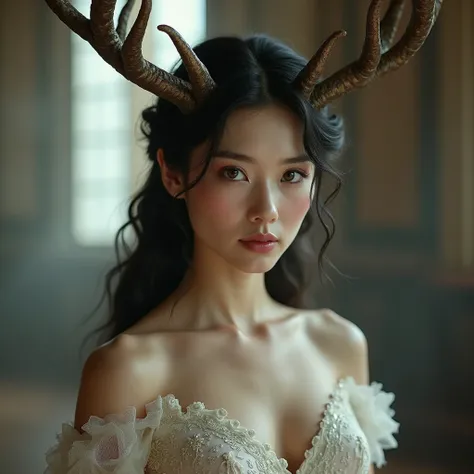 Create an image of a French woman with deer horns with a bridesmaid dress and brown eyes and black hair in a wedding