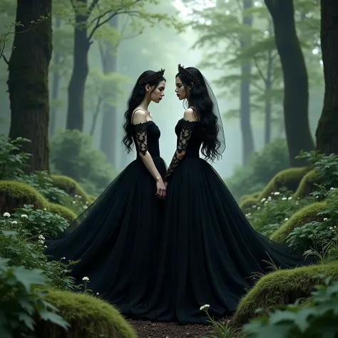 2 girls, black wedding dress,in a forest,cinematic effect,