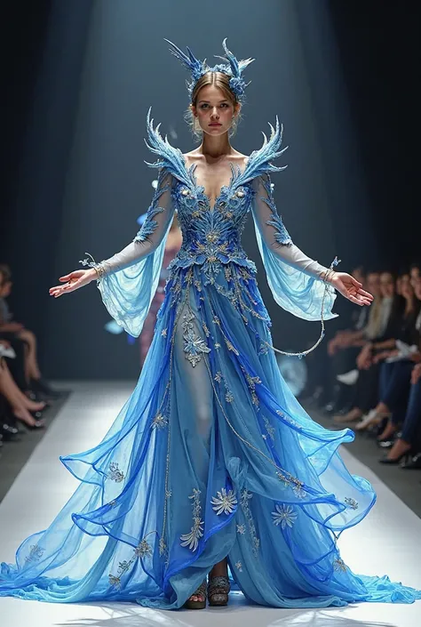Woman in fantasy runway costume typical of Portugal,  that is spectacular, referring to blue swallows, full body on the runway, ...