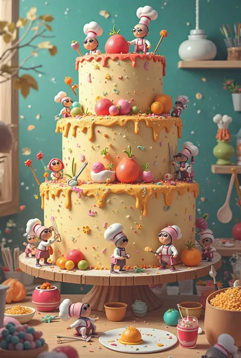 Mini bakers make a mixture of gaint cake animated pics