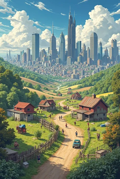 Representation of rural and urban communities in contrast.