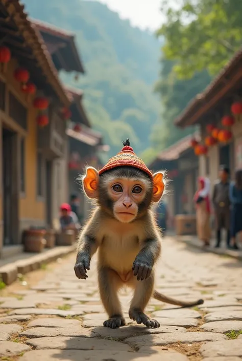 Monkey wearing Nepali cap and walking in Nepali village street near by forest 15 second video