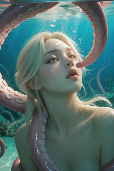 A seductive female figure pressed against crystal-clear aquarium glass, their supple body shines In subdued underwater light, ir...