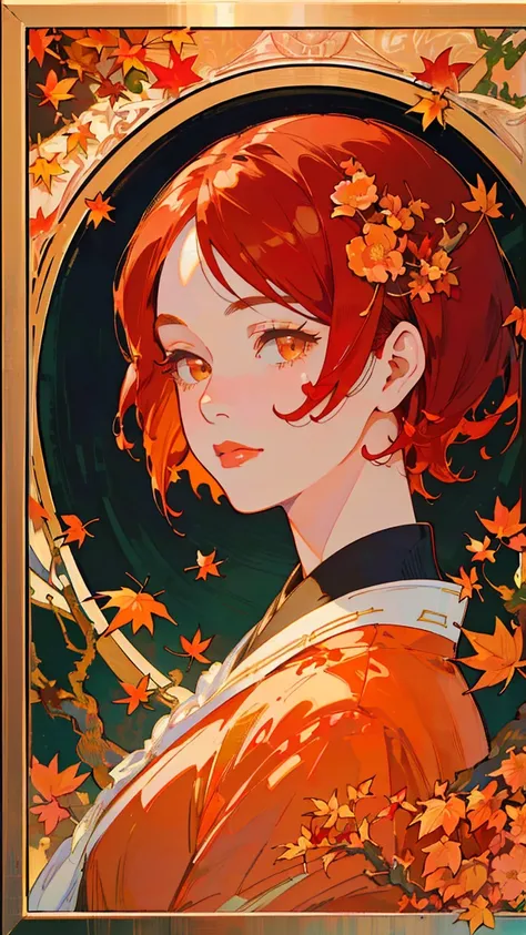 masterpiece, art deco , portrait of a Japanese woman's face, short hair, Red hair,Flower Frame, Decorative panel, Ume no J...