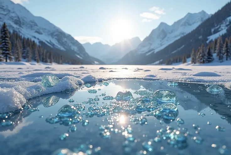 lake abraham ice bubbles, canada, serene frozen lake, ice formations, crystal clear ice, iridescent bubbles trapped in ice, sunl...