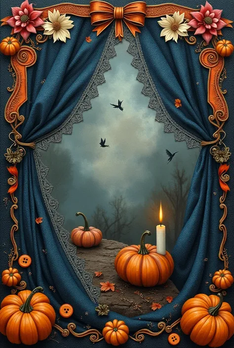 Halloween-themed mixed media painting inspired by the gothic and mysterious atmosphere of Edgar Allan Poe, featuring whimsical d...