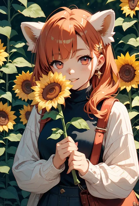 Red panda holding a sunflower