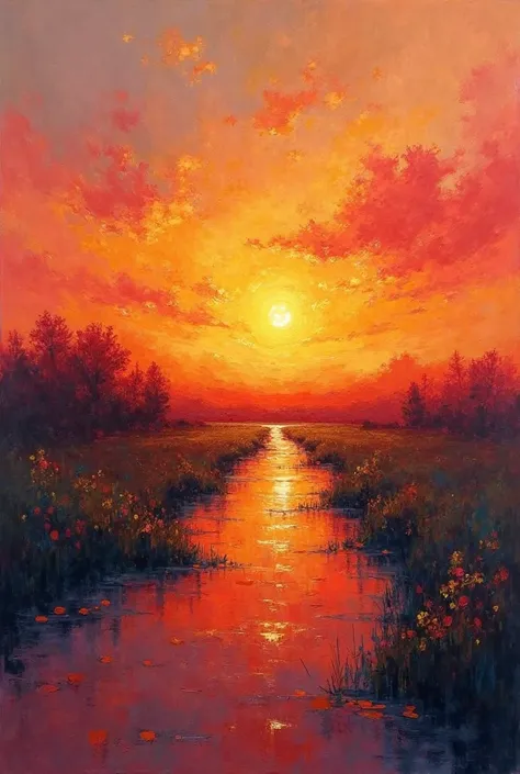 "sunset abstract landscape with warm tones, framed wall art, textured brush strokes"

