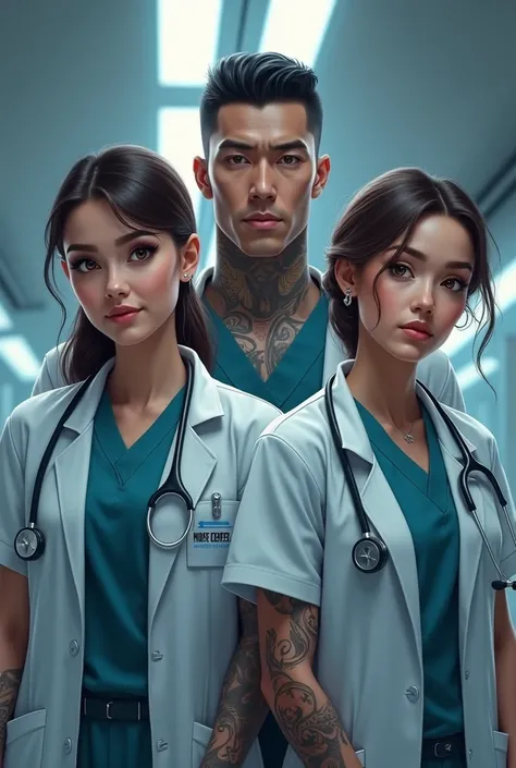 Create for me a cover and back cover of a book with two female doctors and a male doctor and a tall, strong guy tattooed with bl...