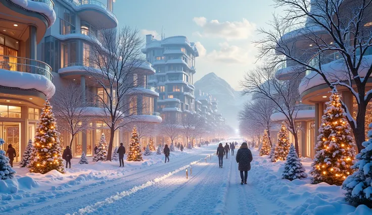 Beautiful snow city in a sunny day, the city must be with modern, futuristic architecture, and the architecture must be with bri...