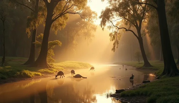 A peaceful eucalyptus forest at sunrise, soft golden sunlight filtering through tall gum trees, morning mist hovering above a qu...