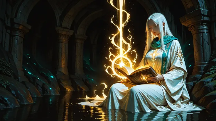 A powerful Eastern sage with long white hair and beard, wearing ancient glowing robes, sitting in a dark mystical environment, h...