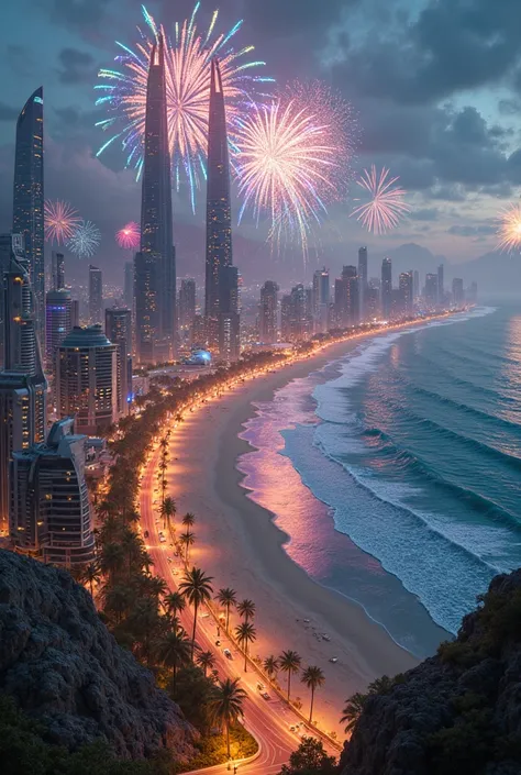 Create a giant city with modern skyscrapers, uma praia bela, Areas with illuminated avenues it's a night illuminated with colorf...