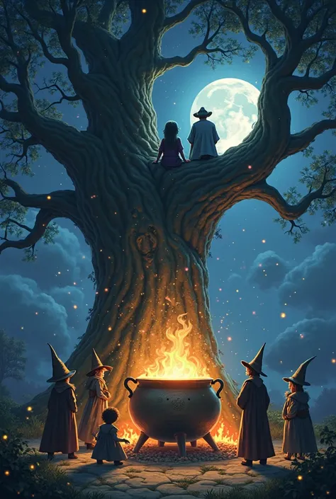 A family sitting on a neighborhood tree with sorcerers (young, old, old) around a big mystical pot in the dark night