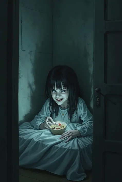 Show real ghost girl eating at night her head bed and wall corner to out and wall corner near bed she watching and smiling front...